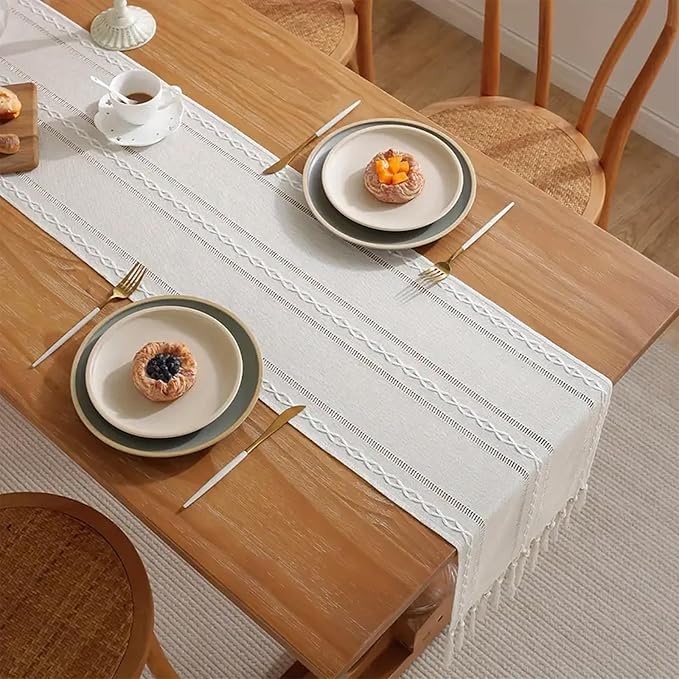 Niviy Ivory White Rustic Linen Table Runner 72 Inches Long with Tassels, Embroidered Table Runner Farmhouse for Party, Dresser Decor and Dining Room Decorations (White, 12"×72")