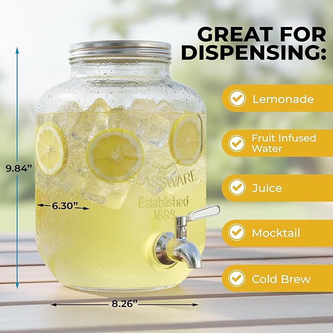 Zulay 1 Gallon Glass Drink Dispenser for Parties – with Spout Lid and Stainless Steel Filter – Leak-Resistant Beverage Dispenser for Events – Lemonade Iced & Sun Tea Infused Water & Juice Dispenser
