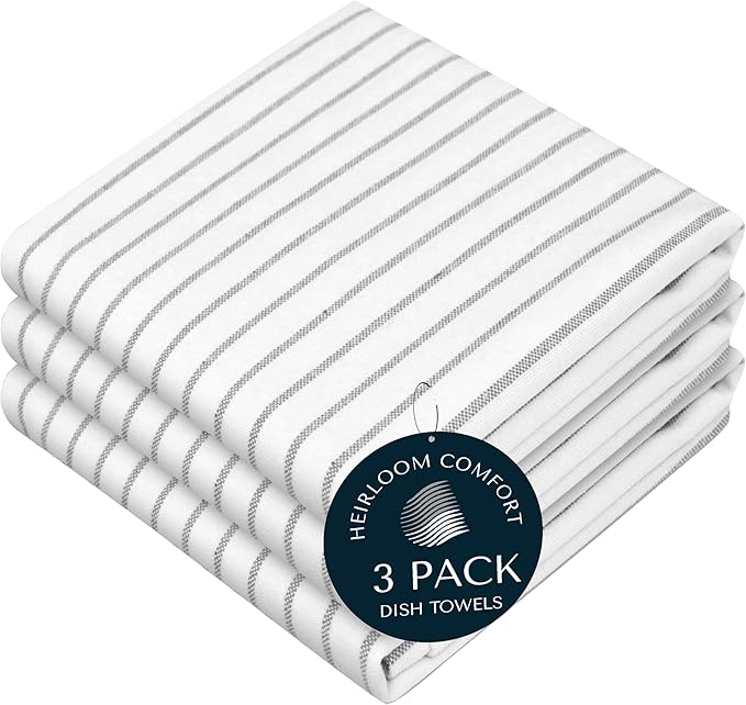 Ash Gray Classic Striped Dish Towels 3 Pack, Ultra Absorbent, Classic Stripe Towel Set, Quick Dry Cotton Kitchen Towels for Cleaning Counters, Drying Dishes, Everyday Cleanup