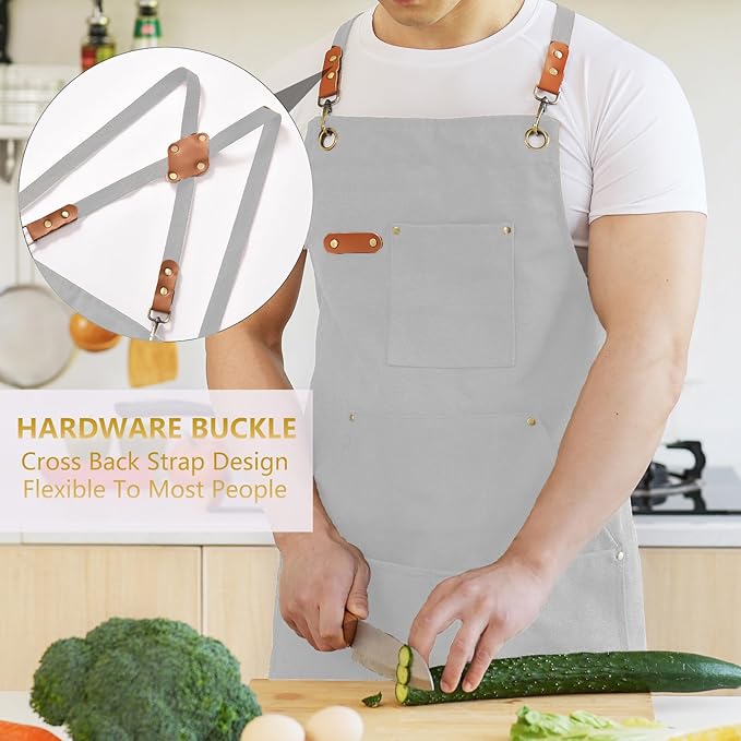 Aoomzoon Canvas Aprons for Men Chef Apron, Work Apron with Large Pockets - 16oz Heavy Duty Cross Back, BBQ, Cooking