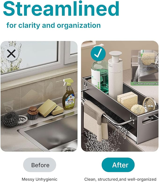 Kitchen Sink Caddy Organizer - Stainless Steel Dish Soap Brush Holder Countertop Sink Organizer for Kitchen Organizers and Storage (GreyLarge)