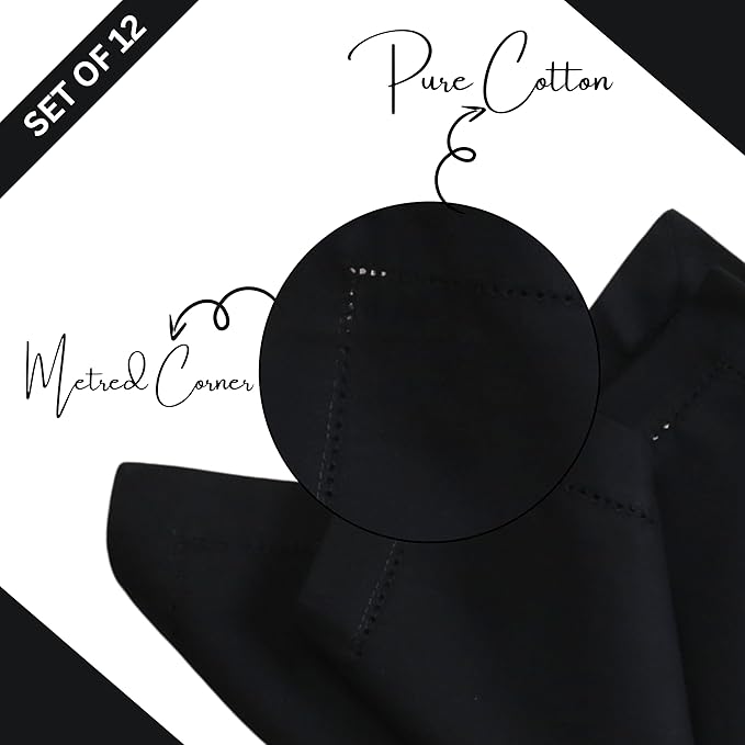 Hemstitched Cotton Napkins - Set of 12, 18x18 Inch - Black, Perfect for Christmas Dinner or Everyday Use