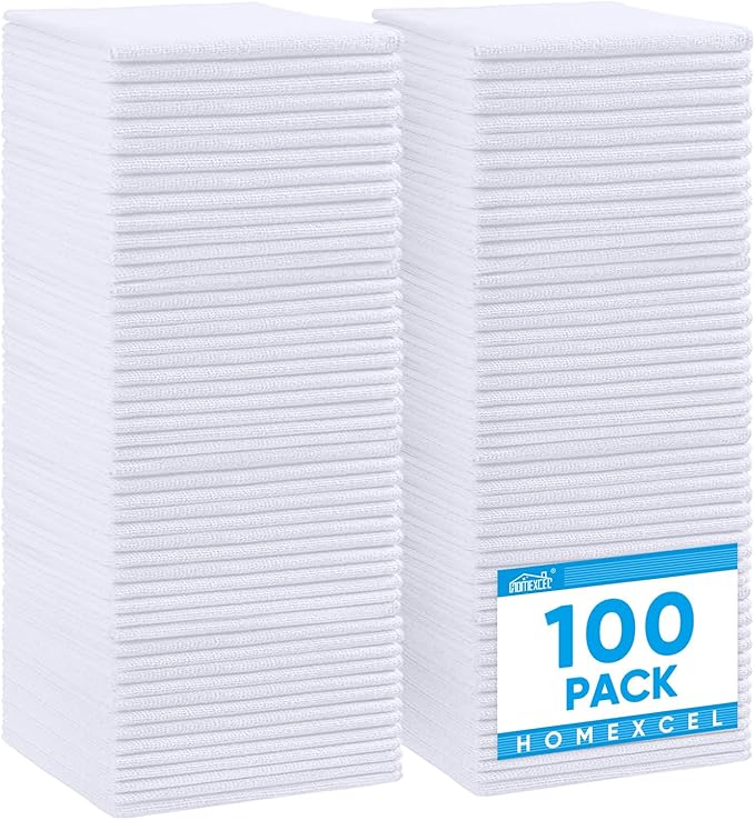 HOMEXCEL White Microfiber Cleaning Cloth 100 Pack, Microfiber Towel for Cars, Lint Free, Scratch-Free, Highly Absorbent, and Cleaning Rags for House, Window and Glass, Cars, TV Screen 11.5 X11.5 inch