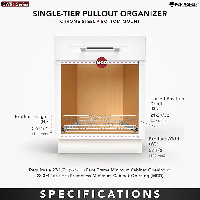 Rev-A-Shelf Kitchen Cabinet Pullout Shelf and Drawer Organizer Slide Out Pantry Storage Basket in Multiple Sizes, 24 x 22 In, 5WB1-2422CR-1