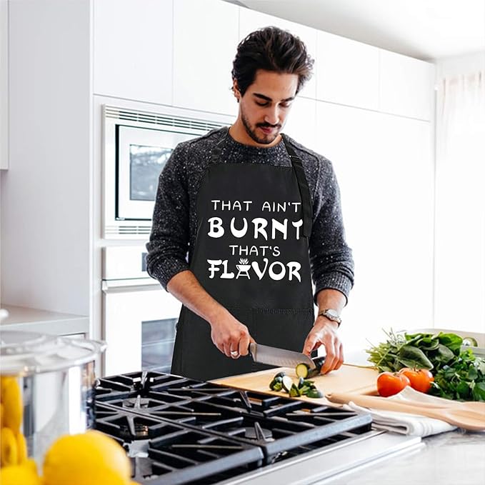 Rosoz Funny BBQ Black Chef Aprons for Men, That Ain't Burnt That's Flavor, Adjustable Kitchen Cooking Aprons with Pocket Waterproof Oil Proof Valentine's Day/Birthday