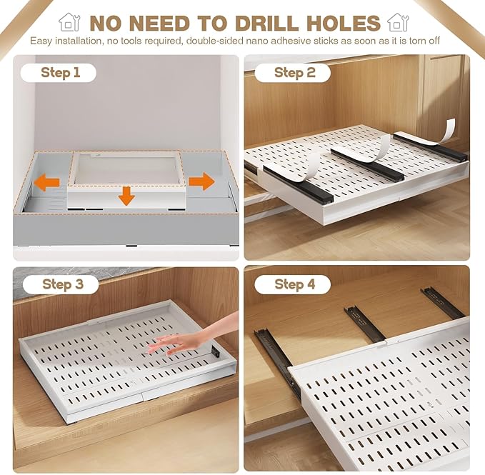Seinloes 2 Pack Pull Out Cabinet Organizer With Raising Pad for Framed Cabinets,Expandable Width (15"-25") and Depth (17"-24"),3 Slide Rails Slide Out Drawers with Handle,No-Drill Roll Out Shelf,White