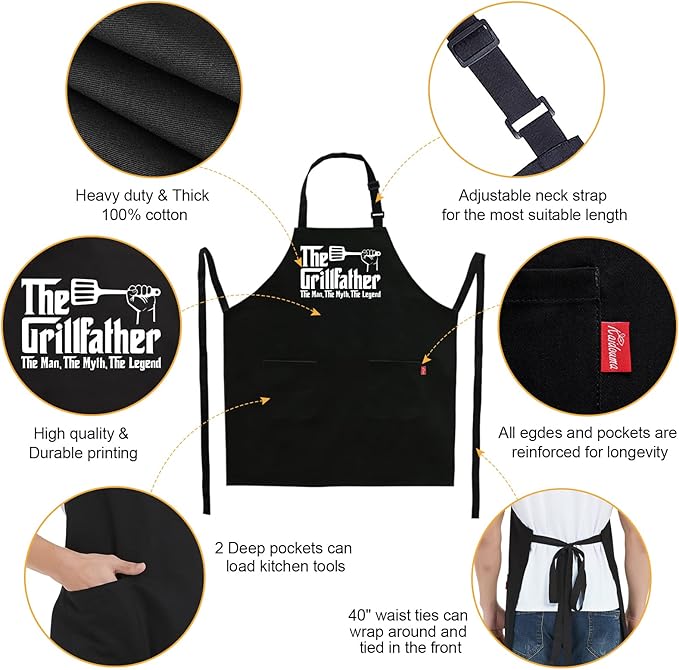 Kaidouma Grill Apron BBQ Aprons for Men Dad - The Grillfather - Funny Chef Cooking Grilling Apron for Dad with 2 Pockets and 40" Long Ties
