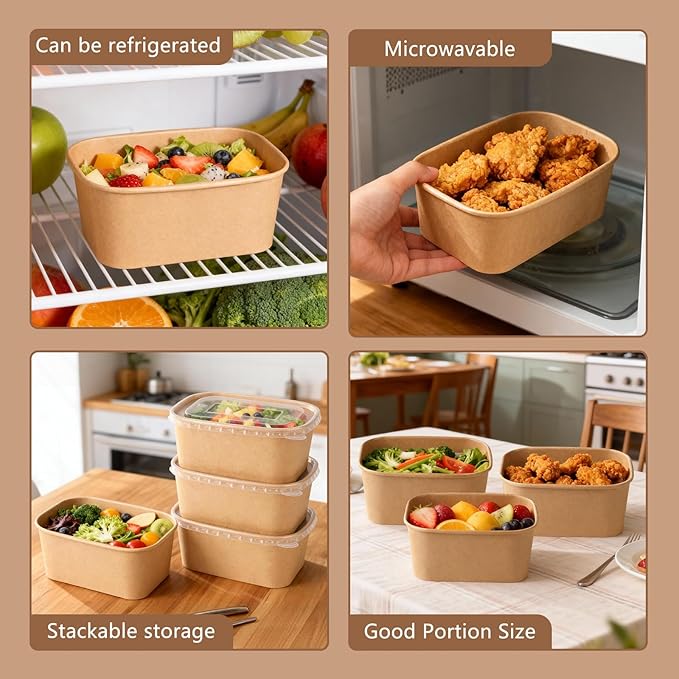 50 Sets 33oz Disposable Kraft Paper Bowls with Lids, Large Paper Food Containers with Lids, Salad Bowls for Hot/Cold Food, Meal Prep, Ice Cream, Takeout, Party Supplies(Rectangle, 1000ml)