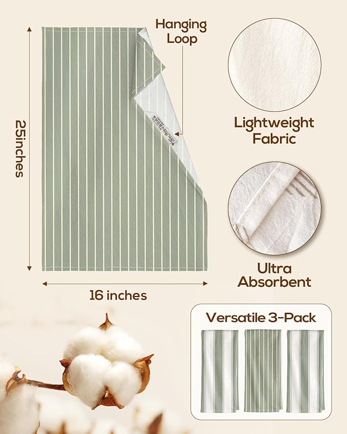 Miss Adola Neutral Flour Sack Kitchen Towels - 3 Pack 18"x 26" Cotton Farmhouse Fast Drying Decorative Hand Tea Towel Dishcloth with Hanging Loop for Home Decor Housewarming Gift, Sage Green