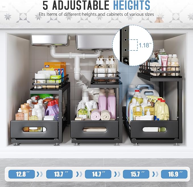Under Sink Organizer Upgrade To Professional Rails,2-Tier Dual Pull Out Cabinet Storage,Height Adjustable Slide Out Drawers For Bathroom Kitchen,2 Pack-14.5"Dx12.8"-16.9"H,Black
