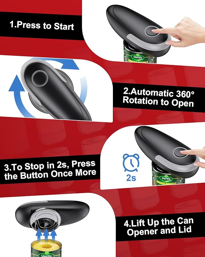 One Touch Electric Can Opener Fits All Can Sizes, Electric Can Openers for Kitchen Food Safe with Smooth Edge, Kitchen Gadgets Battery Operated Can Openers for Seniors, Arthritis and Chef Black+Grey