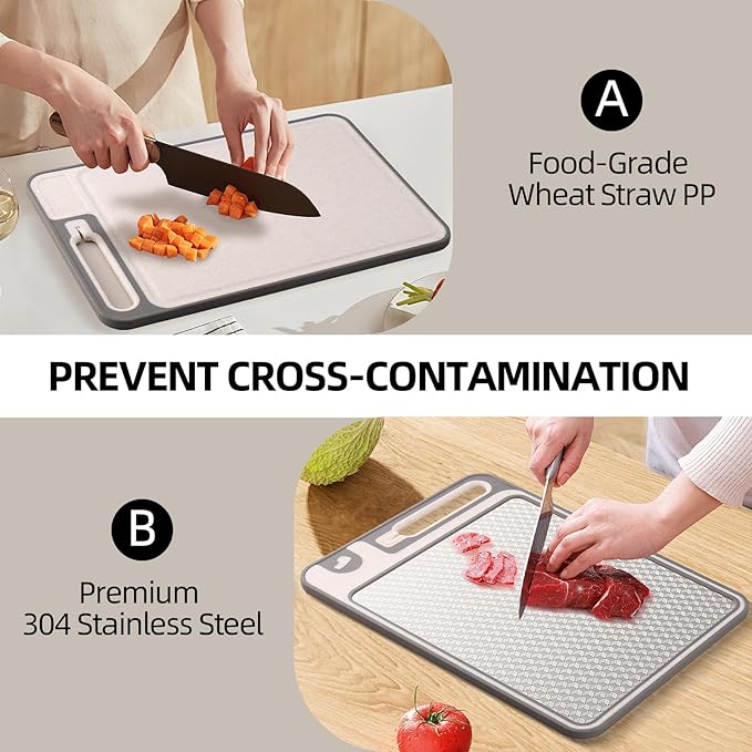 2 In 1 Cutting Boards Non Toxic for Gourmet Kitchen Aficionados - 304 Stainless Steel and Food Grade Wheat Straw Double Sided Design - Scratch-Resistant Mesh - Easy-Clean With Juice Groove (15”×10”)
