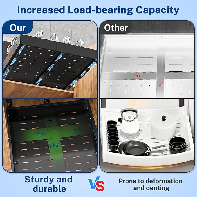 Insputer 1 Pack Pull Out Cabinet Organizer Expandable (12.4"-20.08")W & (16.26"-22.44")D, No Drill Slide Out Drawers with 3 Slide Rail, 2Pcs Magnetic Panel, Adhesive Roll Out Shelf for Kitchen, Pantry