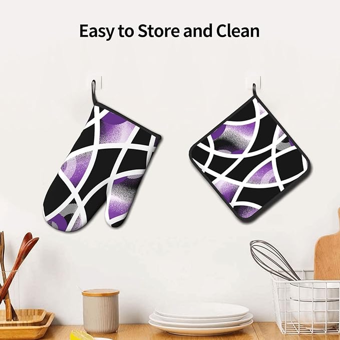 3-Piece Purple Black Abstract Geometric Oven Mitts and Pot Holders Set, Heat Resistant Modern Art Kitchen Gloves Hot Pads for Baking Cooking Grilling, Chef Gifts for Cooking Lovers, Home Decor, Purple
