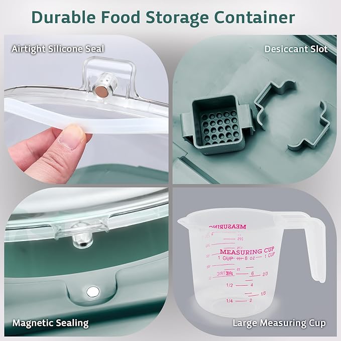 Komzon Rice Storage Containers, Collapsible 20 to 30Lbs Food Storage Bin Dispenser with Rolling Wheel and Clear Airtight Lid, BPA Free Flour, Sugar, Cereal and Dog Cat Pet food Containers