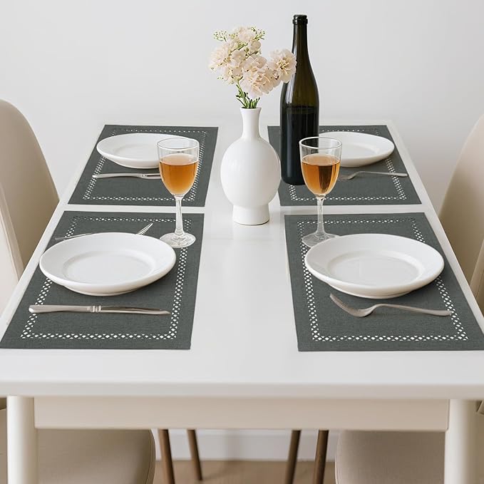 Linen Cloth Placemats Set of 4, HADEEONG 12 x 18 Inch Hollow Edge Place Mats Washable Heat Resistant Placemats Cloth Table Mats for Dining Table Home Decor (Dark Grey, 4)