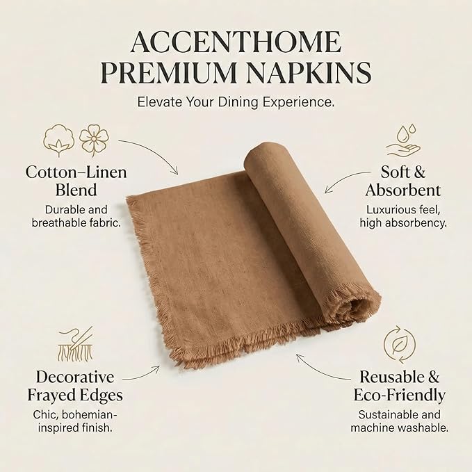 ACCENTHOME Brown Cotton Linen Napkin Set of 12 18x18 inch Dinner Napkins - Washable Soft Premium Hotel Quality Reusable Hemmed Edges Napkins Perfect Table Linens for Family Dinners, Weddings