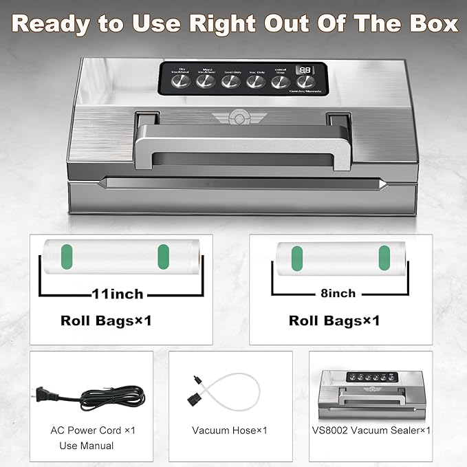 Precision Food Vacuum Sealer Machine, POWOT Fully Automatic Vacuum Sealing System, Commercial Food Vacuum Saver Pro, Double Heat Seal, Easy-Lock Handle, Built-in Cutter&Bag Storage, Hose&Bag Rolls