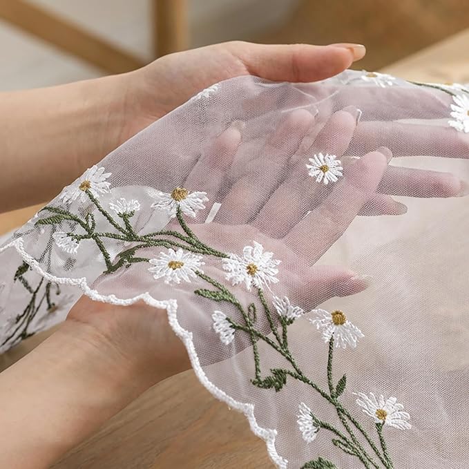 Artoid Mode Daisy Floral Light Pink Shaped Gauze Embroidery Table Runner 120 Inch 10FT, Tulle Spring Summer Kitchen Dining Table Decor for Home Party