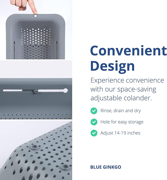 BLUE GINKGO Over the Sink Colander Strainer Basket - Wash Vegetables and Fruits, Drain Cooked Pasta and Dry Dishes - Extendable - New Home Kitchen Essentials (Grey, 2 Pack)