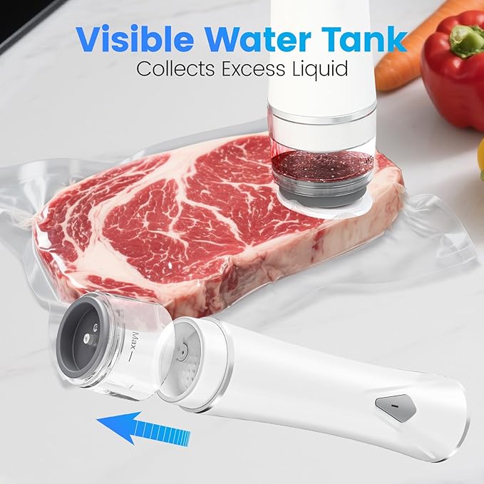 Vacuum Sealer for Food with Visible Tank, Handheld Vacuum Sealer Machine with 30 Reusable Bags for 5X Longer Freshness, Wireless & Portable, White