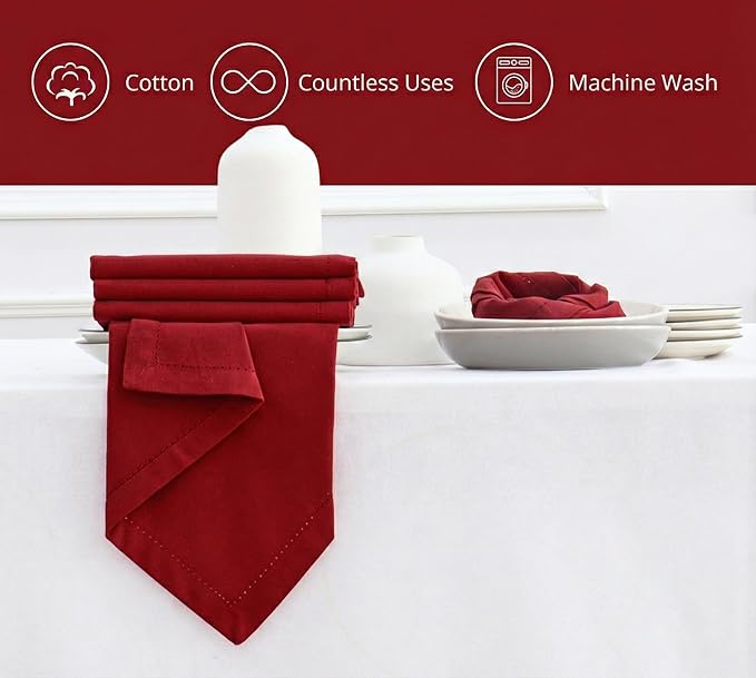 PurpleEssences Set of 12 Hemstitch Cloth Dinner Napkins 100% Cotton - Soft Durable Washable - Ideal for Wedding Spring Easter Summer - Perfect Everyday Use Table Linen 18x18 - Red