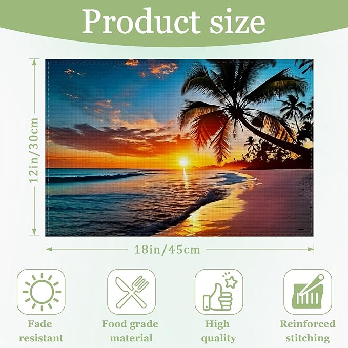 Tropical Beach Palm Tree Sunset Placemats Set of 6, Washable Heat Resistant Table Mat Linen Place Mats for Party Kitchen Dining Home Decor 12x18 Inch