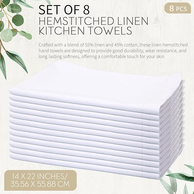 Mixweer 8 Pcs 14" x 22" White Linen Hemstitched Hand Towel Linen Tea Towels for Embroidery Dish Towels for Bathroom Kitchen Home