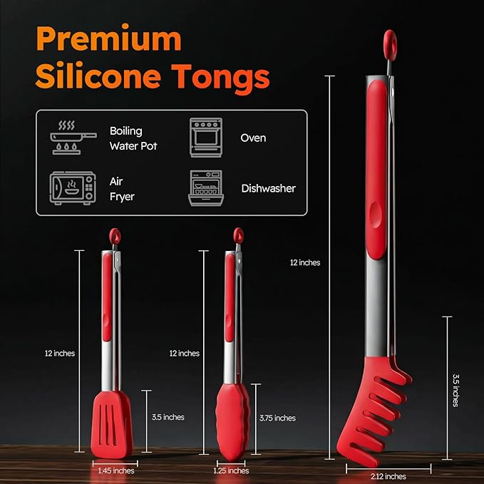 HST Tongs for Cooking with Silicone Tips(3 Pack), Non Stick Kitchen Tongs with Silicone Tip for Cooking BBQ Baking (12", Red)