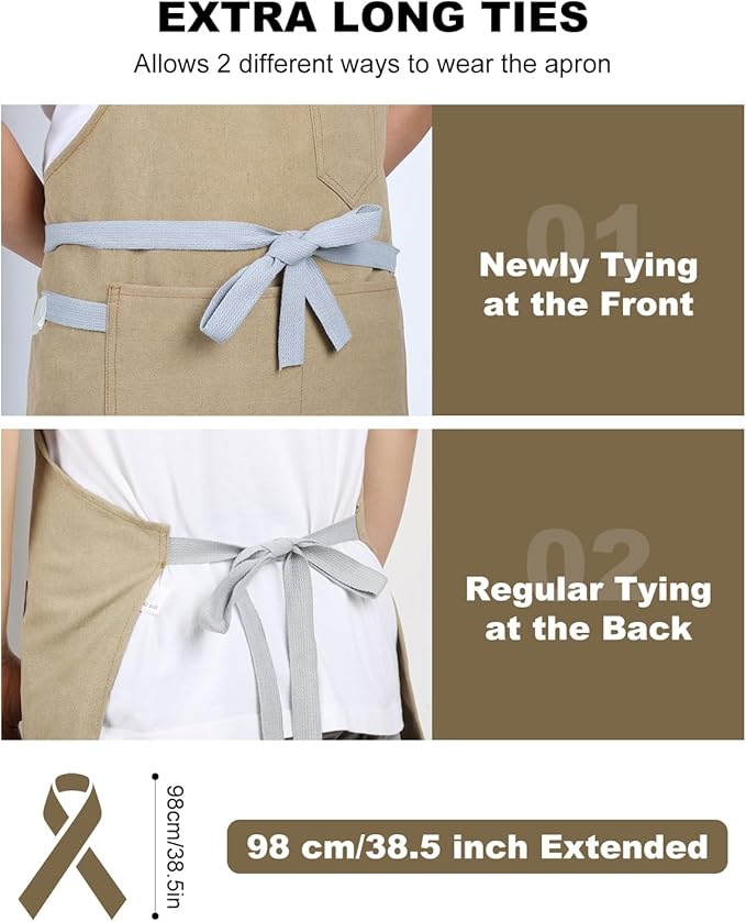Womens Apron with Pockets Adjustable Shoulder Strap,Aprons for Men 38.5" Extra-Long Straps Fit More Body Types,Chef Apron for Kitchen Garden Barbecue Woodworking(Khaki)