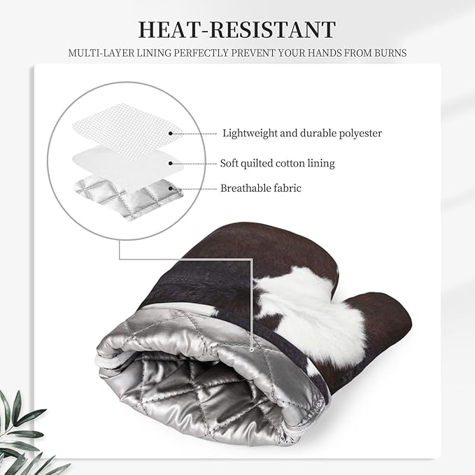 Cow Skin Print Oven Mitts and Pot Holders 4 pcs Set Silicone Brown Cow Print Kitchen Oven Mitt Gloves Pot Holders Non-Slip Heat Resistant Cooking Mitts Set for Kitchen Baking Grilling BBQ