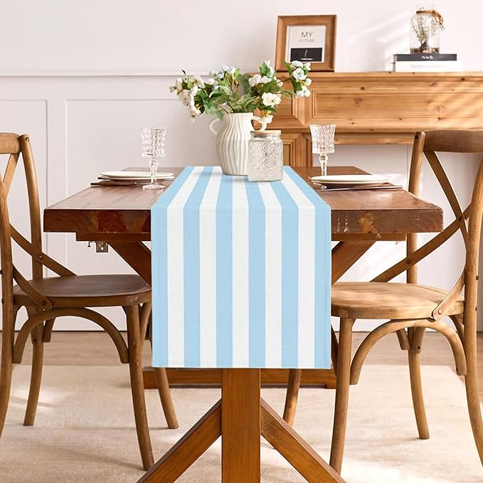 Light Blue and White Cabana Striped Table Runner Coastal Theme Wedding Party Decoration Birthday Baby Shower Dining Room Home Kitchen Table Decor (13" x 72")