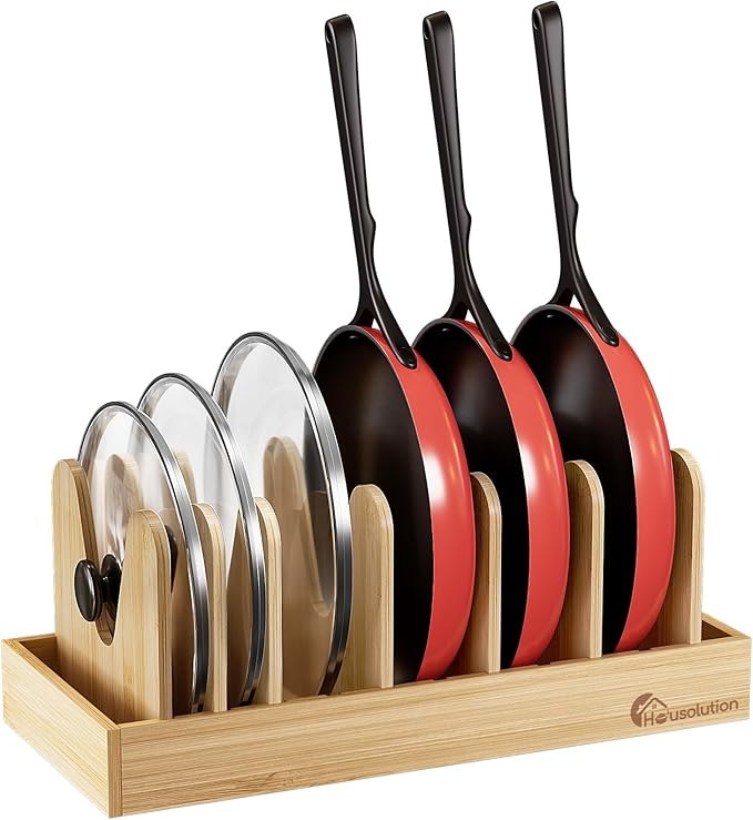 Housolution Bamboo Pot and Pan Organizer for Cabinet, Pot Lid Organizer with 7 Adjustable Dividers, Pan Holder Storage Rack with Solid Bamboo Wooden Base