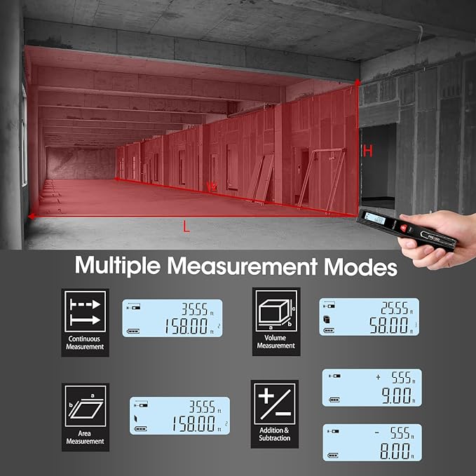 PREXISO Pocket Laser Measurement Tool, 135Ft Laser Distance Meter Backlit Display Laser Measure with Pen Clip Ft/Ft+in/in/M Unit - Pythagorean, Distance, Area, Volume Modes for Home, Industries