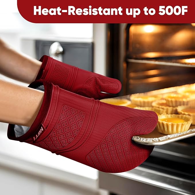 Silicone Oven Mitts, Heat Resistant Oven Gloves with Quilted Liner, Waterproof & Non-Slip Kitchen Mittens for Baking Cooking BBQ, 500°F, 12.5"-Red