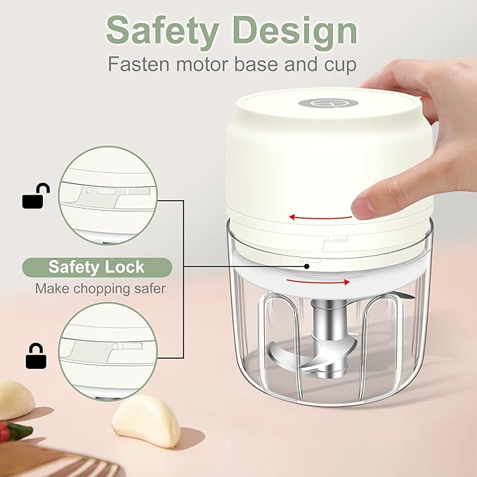 250ml (1 Cup) Electric Garlic Chopper, Portable Garlic Press, Wireless Mini Food Processor, Rechargeable Garlic Chopper Mincer for Ginger, Chili, Onion, Minced Meat and Spices (White)