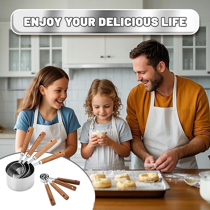 Measuring Cups and Spoons Set,Premium Stainless Steel Measuring Cups and Spoons Set with Wood Handle, 8-Pieces Kitchen Essentials for Baking, Coffee with Ergonomic Grip & Engraved Markings(Silver8)
