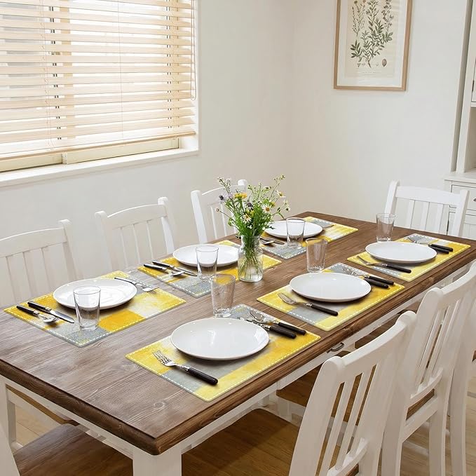 Emvency Farmhouse Placemats Set of 6,12x18 Inch Linen Rectangular Place Abstract Modern Geometric Yellow Grey Table Mats for Indoors & Outdoor Home Party Kitchen Dining Decoration