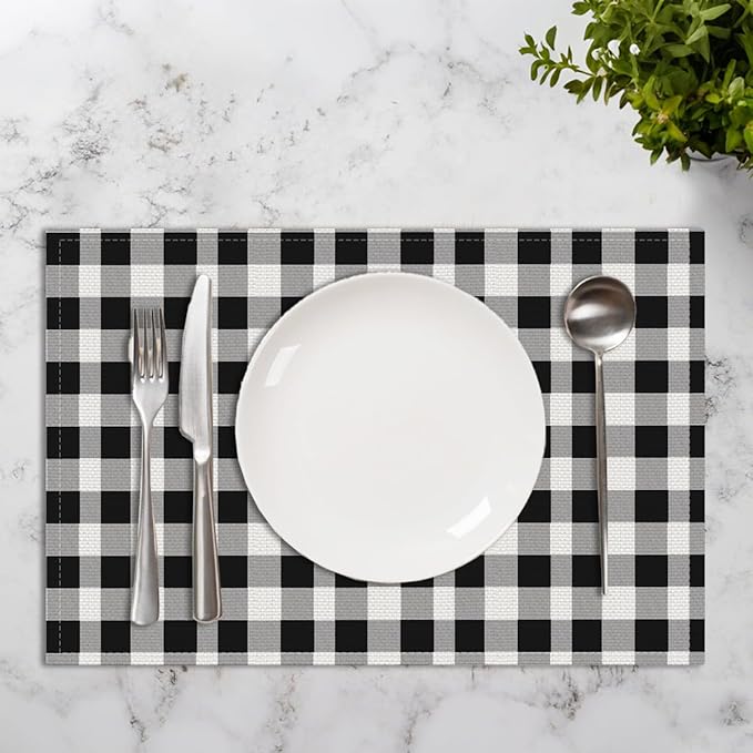Black and White Placemats Set of 4, Buffalo Plaid Linen Placemats 12x18 Inch, Washable Heat Resistant Wipeable Table Mats for Outdoor Home Party Kitchen Dining Table,Black and White Linen Place mats