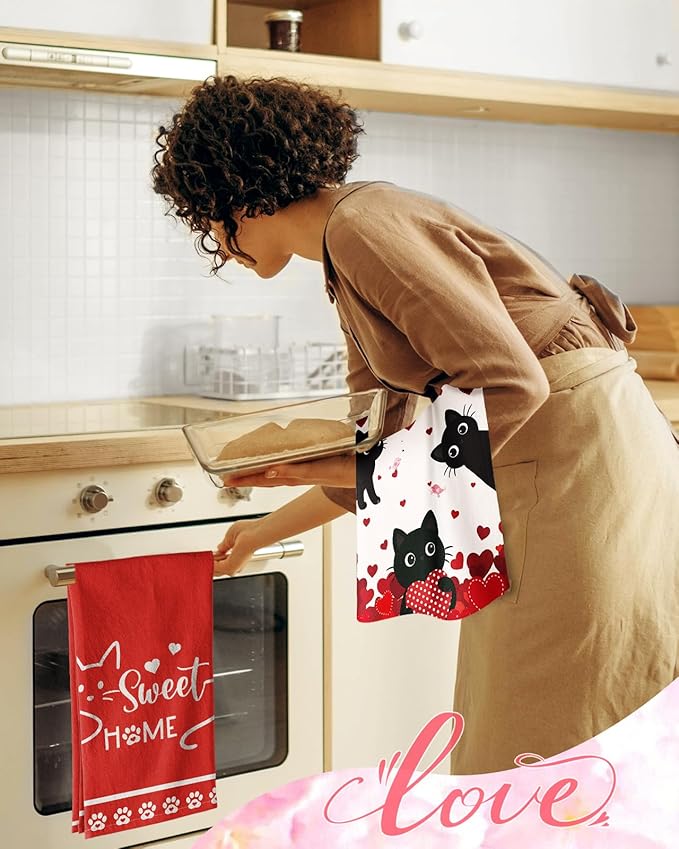 Miss Adola Valentine Day Kitchen Towels Set of 2 - Flour Sack Tea Towels with Hanging Loop 18x26 Inch Sweet Home Hand Dish Cloths Red Hearts Cats Absorbent Reusable Dishcloths Cute Valentine Decor