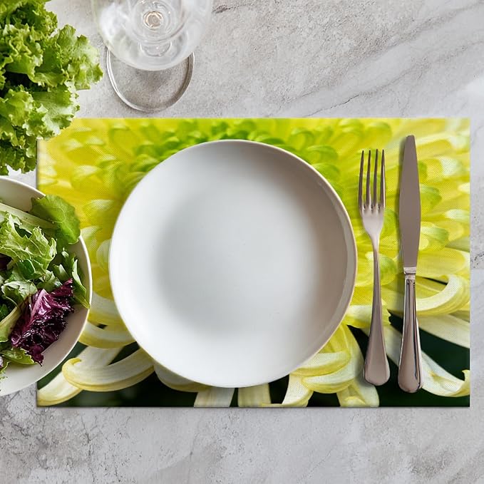 Batmerry Spring Floarl Placemats, Lime Green Chrysanthemum Flower Square Washable Linen Table Mats for Kitchen Table Double Insulation Decor Dining Set Indoor Outdoor 12X18 in Set of 6