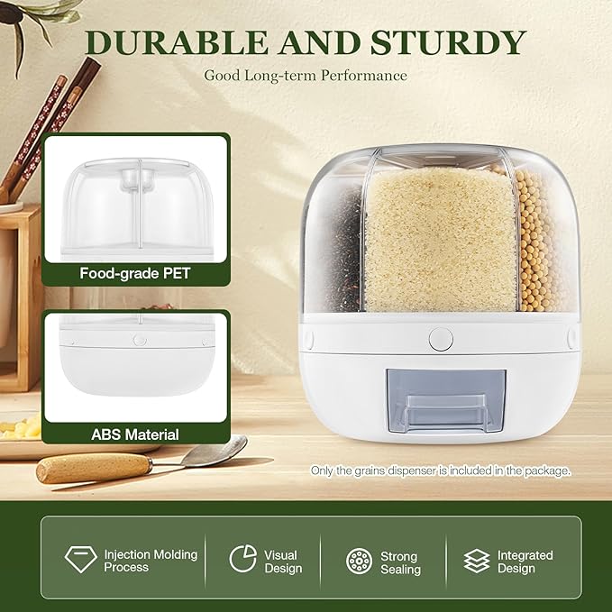 Rice Dispenser, 6 Grid 360° Rotating Rice Container Cereal Holder with Lid & Measuring Cup, Grain Storage Organizer for Kitchen Countertop Dry Food, White, 6kg/13lbs