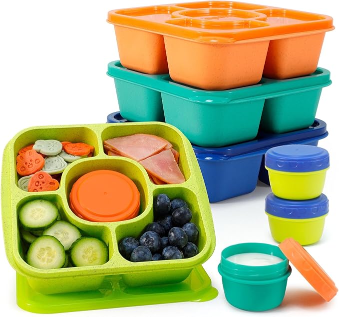 Caperci Original Lunchable Snack Containers for Kids & Adults - 5 Compartments Bento Snack Boxes with 4 Leakproof Small Containers, Wheat Straw, BPA-Free, Set of 4