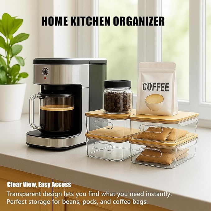 CiWiVOKi 6 Pack Clear Storage Bins with Bamboo Lids - Stackable Pantry Organization and Storage Containers with Handles - 3.7L Large BPA-Free Plastic Organizer for Kitchen, Fridge, Bathroom & Closet