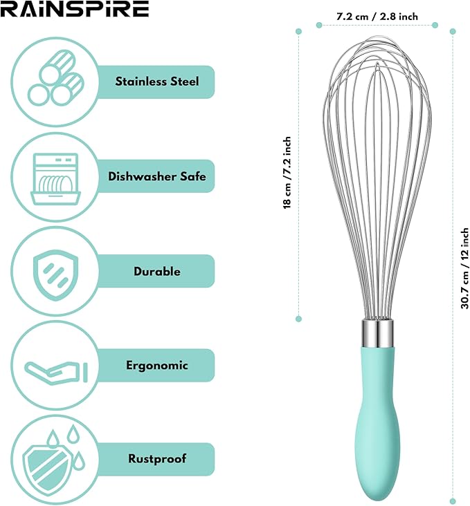 Rainspire 12-Inch Wire Whisk Stainless Steel, Balloon Whisks for Cooking, Wisk Wisking Tool With Soft Silicone Handle, Thick Durable Whisker for Blending, Beating, Whisking, Stirring, Mint Green