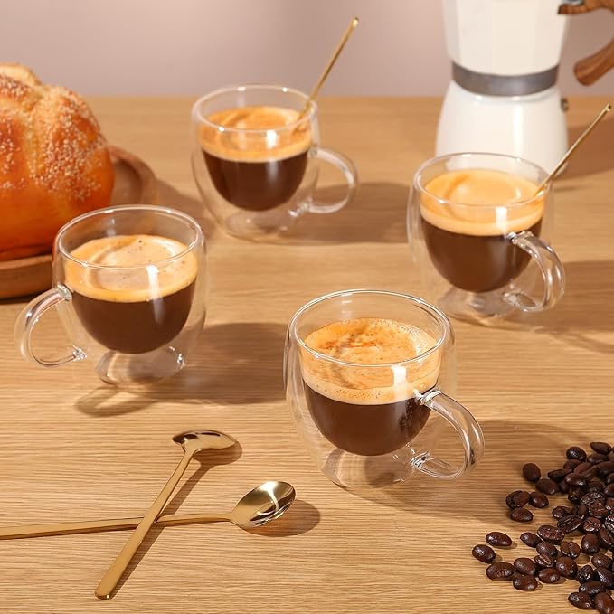 VENVENWEAVS Espresso Cups Set Of 4,Double Wall 5OZ Hand Blown coffee Shots Glass,Espresso Coffee Mugs In Gift Box,Perfect For Espresso,Latte,Cappuccinos,Tea Bag,Juice