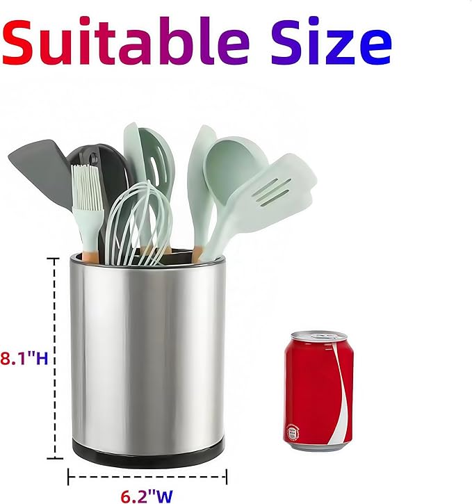 LIBODOUR Kitchen Utensil Holder Extra Large 360°Rotating For Counter Organizer Stainless Steel Storage Cooking Silverware Caddy 3 Compartment Flatware Spoon Spatula Tool Cutlery Container（Silvery）