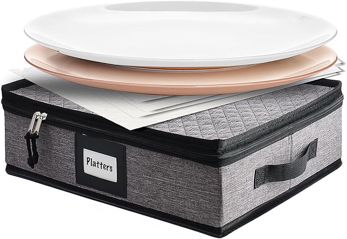 Platter Storage Case – Fine China Storage Containers Hard Shell, Quilted and Stackable 16”x 12.5”x 3.5” Platter Storage Container with Handles and Felt Dividers for Moving and Seasonal Storage, Grey