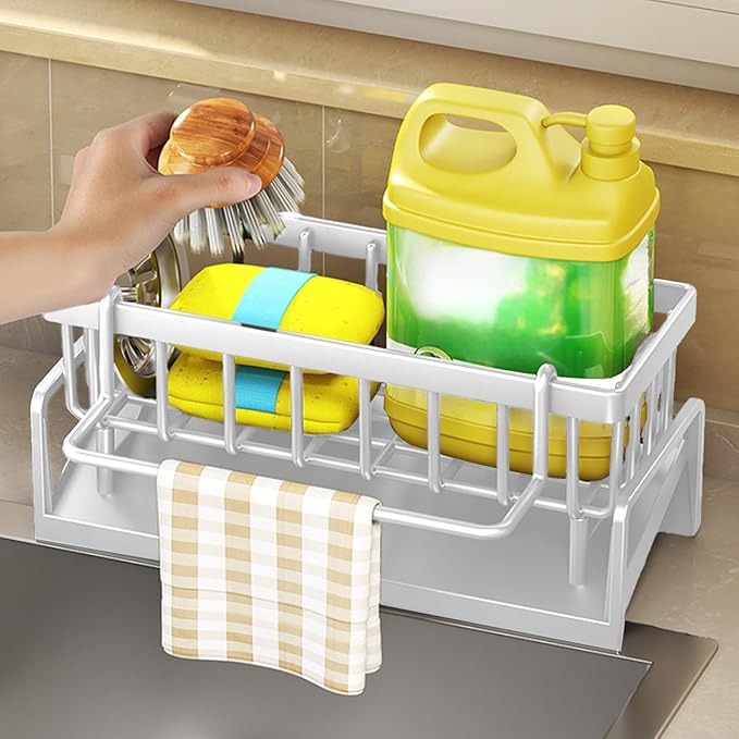 Sponge Kitchen Sink Caddy Organizer Brush Sink Sponge With Auto Draining Tray, Self Drain Dish Soap Caddy, 9.05" Lx4.33 Wx3.93 H (white)
