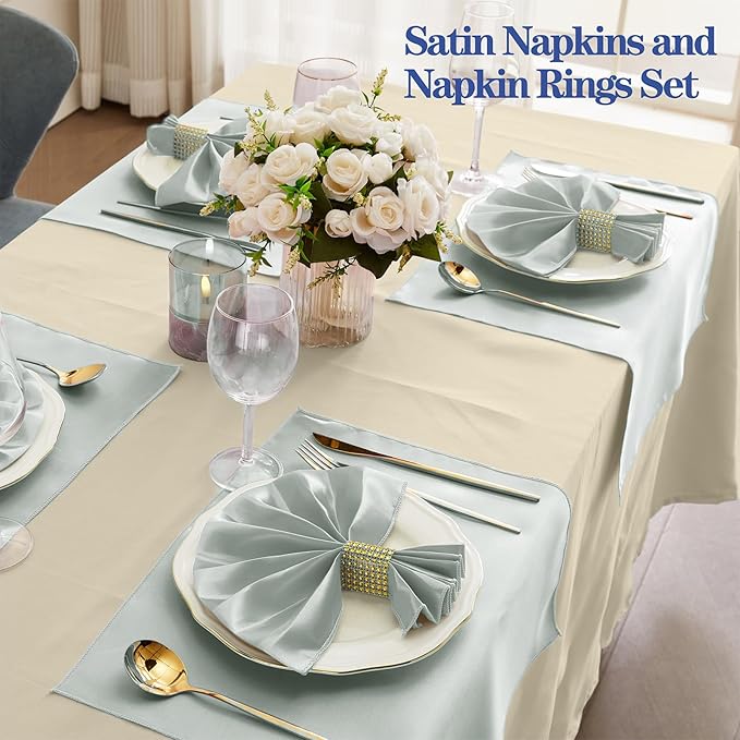RUDONG M 100 Pcs Grey Satin Napkins and Napkin Rings Set, 17 x 17 Inch Square Cloth Napkins Set of 50, Silky Soft Table Napkins Bulk for Weddings, Banquet, Parties Dinner Decoration